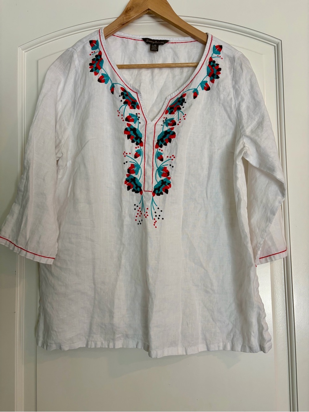 Tommy Bahama White Linen Tunic with Teal & Coral Embroidery Size L Lightweight